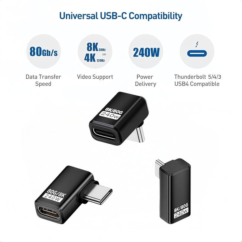basecolors 3 Style Usb C 90 Degree Adapter [80Gbps Data Transfer,8K@240Hz Video, 240W Charging ].Usb C Right Angle Adapter Kit Compatible with Steam Deck,Thunderbolt 5/4/3,Switch2/1 and Most usbc Device.(Black） - Image 5